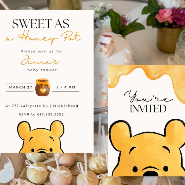 Winnie the Pooh Sweet as a Honey Pot Baby Shower Invite | Unisex | Instant Download | Editable | Comes with How to Edit on Canva Video Link