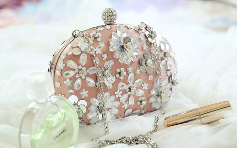 Womens Jewellery and Accessories Wedding Clutch Bag Peach Oval Silk Clutch Bag with Silver Sequins and Crystals by Hyaline London