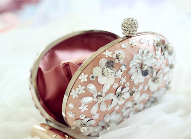 Womens Jewellery and Accessories Wedding Clutch Bag Peach Oval Silk Clutch Bag with Silver Sequins and Crystals by Hyaline London