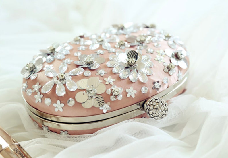 Womens Jewellery and Accessories Wedding Clutch Bag Peach Oval Silk Clutch Bag with Silver Sequins and Crystals by Hyaline London