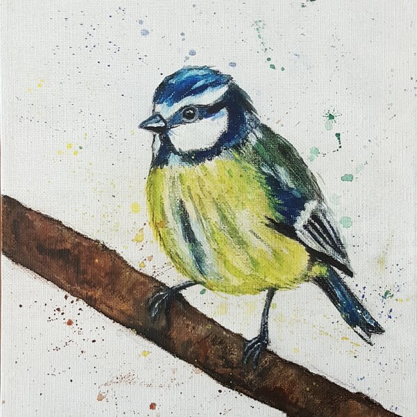 Bluetit painting, original bluetit art, canvas painting, British bird, bird lover gift, wildlife lover gift, wildlife art