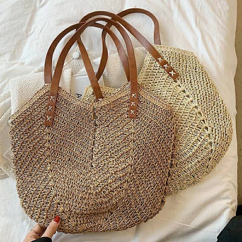 Raffia Bag Straw Bag Rattan Bag Hobo Bag Vintage Bag Woven Bucket Shoulder Bag Straw Colorful Wicker Travel Tote Extra Large Brown Bag Soft 