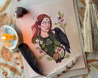 She Who Listens | Forest Woman & Raven Art Print |  Nature Illustration | 8x10 Matte Cardstock