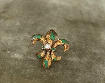 Antik diamant 14K guld grön emalj Fleur-de-lis Fleur-de-lys Stud örhänge