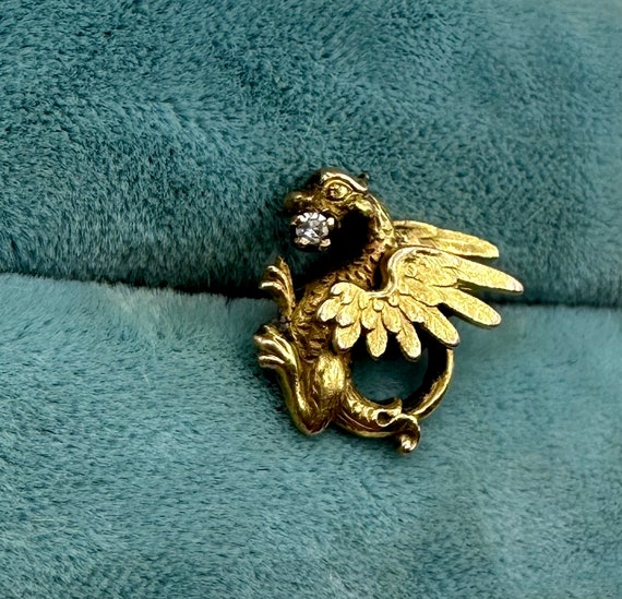 Antique 14K Yellow Gold Griffon With Diamond SING… - image 4