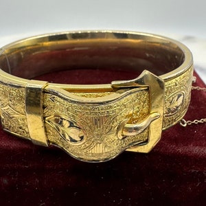 Art Deco Gold Filled Buckle Engraved Oval Hinged Bangle Bracelet Chunky Wide