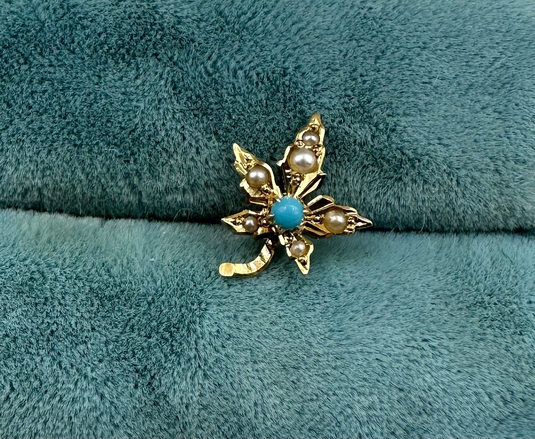 Antique 14K Yellow Gold Leaf with Seed Pearls & Turquoise SINGLE Stud Earring Conversion