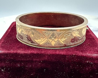 1900s Victorian Rosy Gold Filled Antique Wide Hinged Bangle Bracelet Flat Engraved