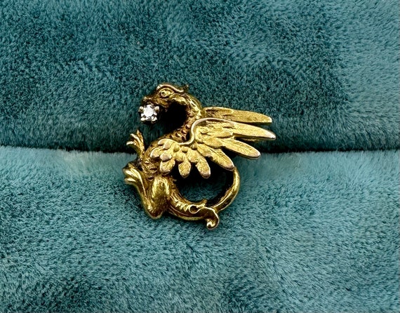 Antique 14K Yellow Gold Griffon With Diamond SING… - image 5