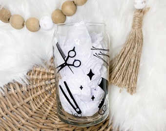 Hair Stylist Gift , Can Glass Cup for Hair Stylist, Personalized Cup with Name, Gift for Hair Stylist, Scissor Hair Stylist Can Glass Cup