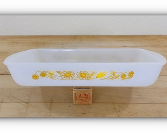 Glasbake Loaf Pan by Jeannette Glass: White Milk Glass with Yellow Flowers Open Baker