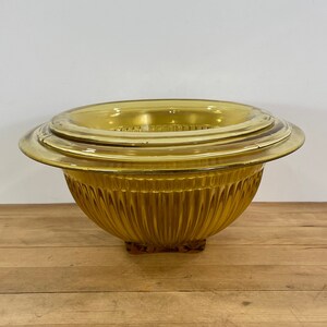 Hazel Atlas Amber Glass Mixing Bowls, 3 Nesting Amber Glass Ribbed Bowls, Depression Era Mixing Bowls