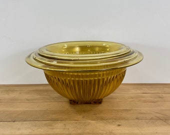Hazel Atlas Amber Glass Mixing Bowls, 3 Nesting Amber Glass Ribbed Bowls, Depression Era Mixing Bowls