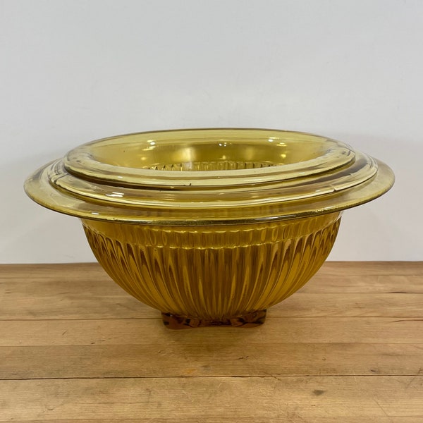 Amber Glass Mixing Bowls; 3 Nesting Amber Glass Ribbed Bowls by Hazel Atlas, Depression Era Mixing Bowls