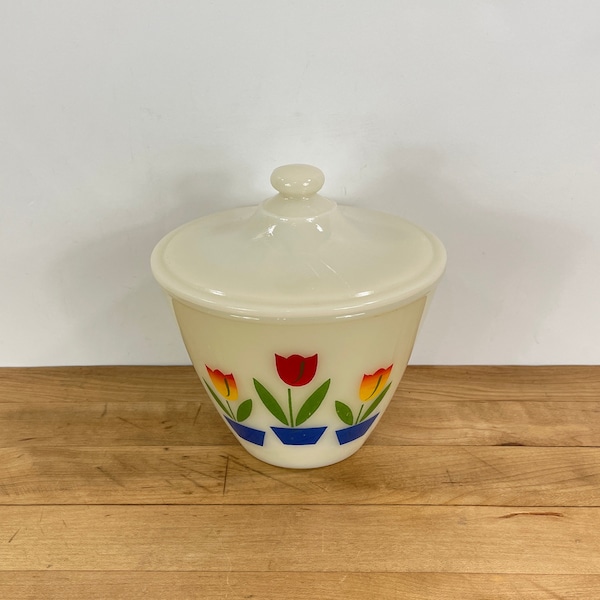 Fire-King Tulip Lidded Grease Jar, Fire King Ovenware Grease Catcher with Tulips