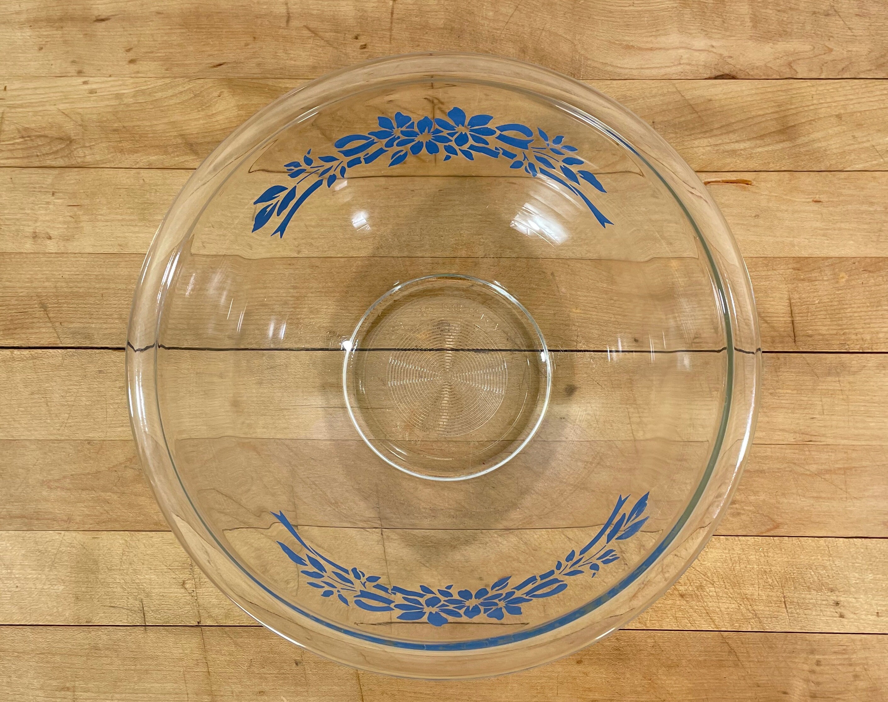 Pyrex Corning Clear Glass Bowls With Blue Ribbons and Flowers Pattern