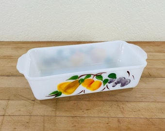 Fire King Loaf Pan: Milk Glass with Painted Fruit - Anchor Hocking #409