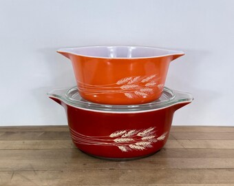 Pyrex Autumn Harvest Bake-Serve-Store Casserole Set with 1 lid; #474, #475, and Lid for 475