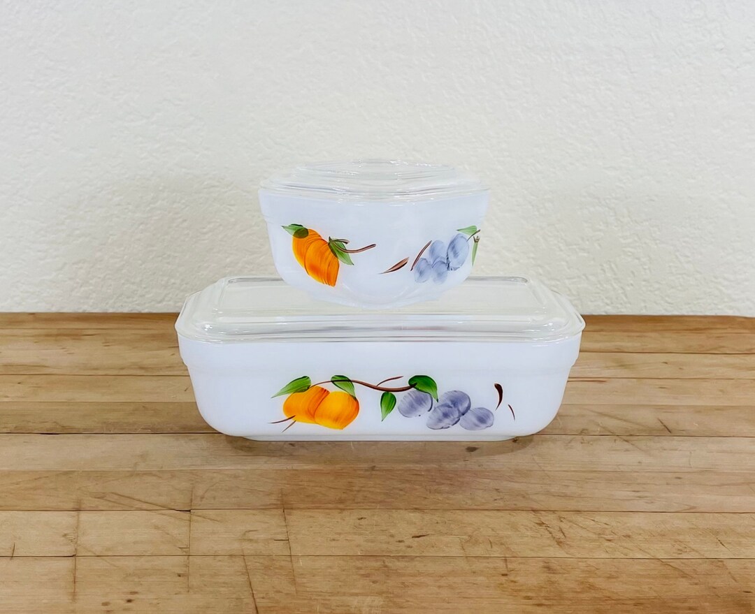 Fireking Hand Painted Refrigerator Dishes Decorated With Grapes and Peaches With Original Lids