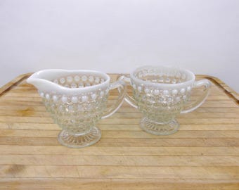Moonstone Creamer and Sugar Bowl Set by Anchor Hocking: Hobnail Glass, Set of 2, Both Included