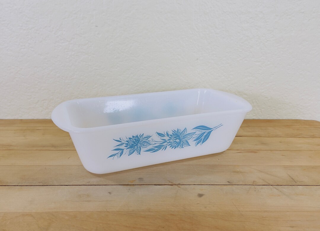 Glasbake Blue Thistle Loaf Pan, Milk Glass Loaf Pan With Light Blue