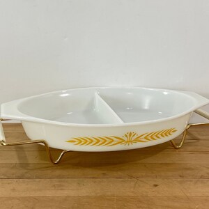 Vintage Pyrex Royal Wheat Divided Dish with Brass-Tone Carrier