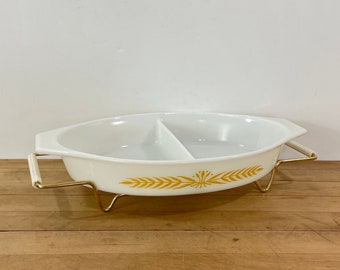 Pyrex Royal Wheat Divided Dish with Brass-Tone Carrier