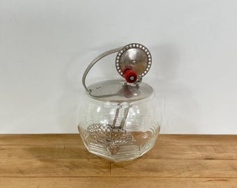 Androck Mayonnaise Jar with Egg Beater: Red Wood Knob, Clear Glass Lidded Bowl