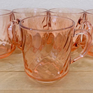 Pink Glass Coffee Mugs by Arcoroc, Rosaline Glass Pink Swirl Coffee Mugs, Set of 5, All Included