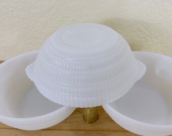 Milk Glass Dessert Bowls: Ribbed Scalloped Handles Cereal Bowls, Set of 3, All Included