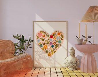 Flower heart art print illustration digital download pink illustration pink decor bedroom children’s room