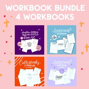 Pode incluir: Um conjunto de quatro cadernos de exercícios para praticar caligrafia e escrita. Os cadernos têm capas roxas, azuis, laranja e lavanda com texto branco. O texto nas capas diz "Modern lettering alphabet practice from A-Z", "lettering workbook 20 pages", "Calligraphy workbook 20 pages" e "lettering workbook 20 pages".