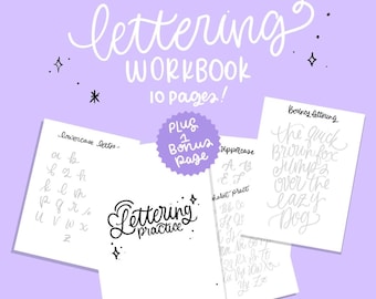 May include: A lettering workbook with 10 pages, plus a bonus page. The workbook includes lowercase and uppercase alphabet practice sheets, as well as a bonus page with the sentence "The quick brown fox jumps over the lazy dog" for cursive lettering practice.