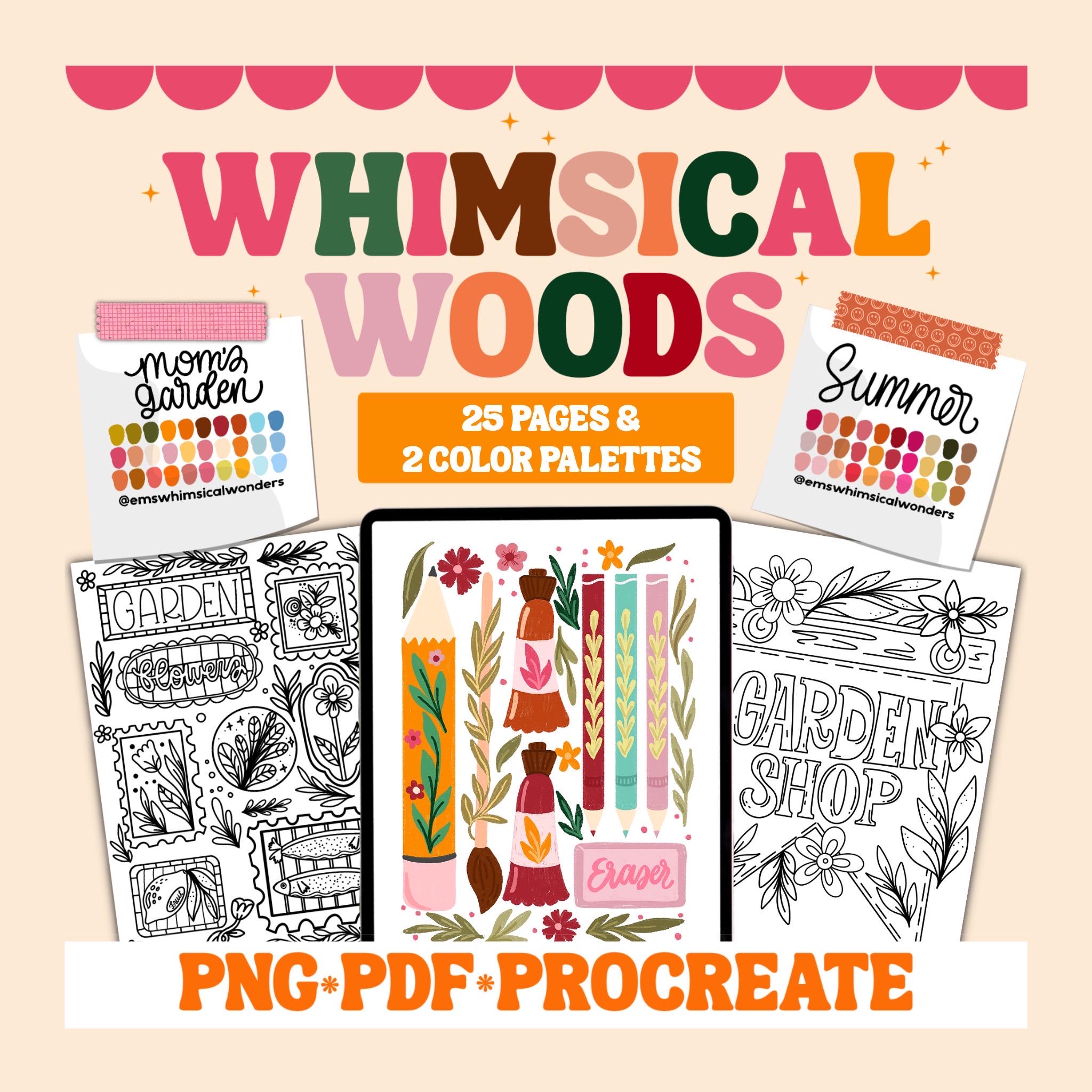 Whimsical Woods: Nature-Inspired Coloring Book & Procreate Lettering Practice Workbook