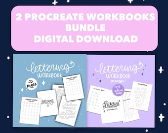 May include: Two digital Procreate workbooks for lettering practice. The first workbook has 25 pages and includes alphabet practice and a quote about failure. The second workbook has 10 pages and includes bonus practice pages.