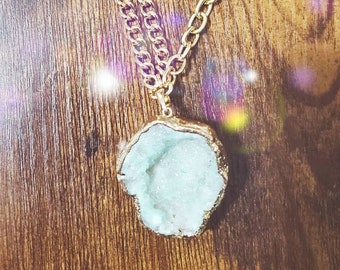 Light Turquoise Geode Quartz with gold plating on a Gold Chain Necklace handmade jewelry