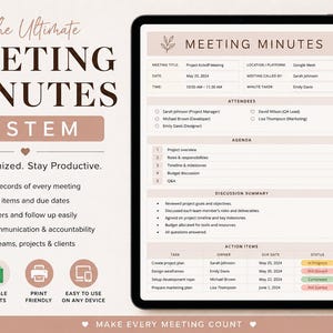 May include: A digital meeting minutes template displayed on a tablet screen, featuring sections for meeting details, attendees, agenda, discussion summary, and a table for action items with task, owner, due date, and status columns in a soft color palette.