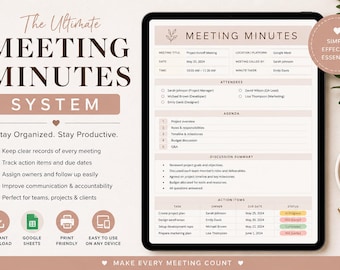 Meeting Minutes System | Action Item Tracker, Notes Organizer (Digital Download)