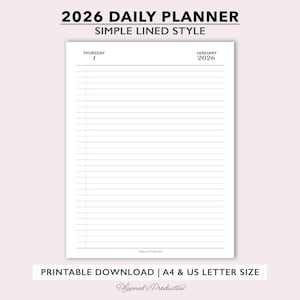 Puede incluir: Una página de planificador diario imprimible en blanco para 2026 con un estilo simple de líneas. La página incluye la fecha, jueves 1 de enero de 2026, y está disponible en tamaños A4 y US Letter. El texto "Planned & Productive" está en la parte inferior.
