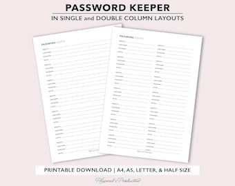 Printable Password Keeper, Single and Double Column Layouts, Printable PDF files for A4 | A5 | Letter & Half Size planners, Digital Download