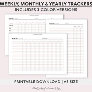 Afdrukbare trackerbundel Plannerbijlage, wekelijkse trackerpagina, maandelijks trackerblad, jaarlijkse tracker, doel- of gewoontetracker voor A5-planners