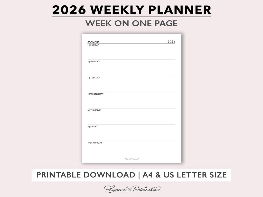 2026 Weekly Planner Printable, Week on One Page Dated Agenda for A4 ...
