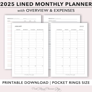 2025 Monthly Planner Printable, Lined Month on 2 Pages w/ Overview & Expenses, Small Monthly Calendar, Pocket Size Planner for Pocket Rings