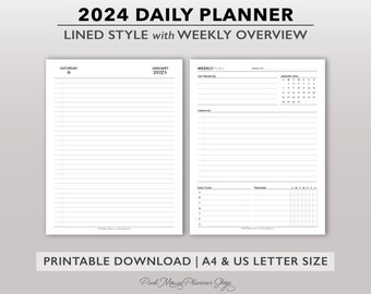 Inserts de planificateur quotidien doublé 2024 avec aperçu hebdomadaire, planificateur imprimable jour par page daté, recharge minimale simple de l’agenda quotidien de mi-année