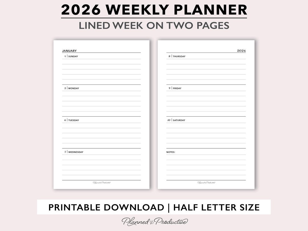 2026 Lined Weekly Planner Printable, 2026 Weekly Planner Template