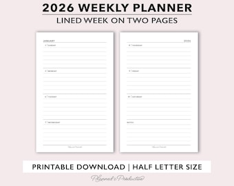 2026 Lined Weekly Planner Printable, 2026 Weekly Planner Template, Weekly Calendar for Ring Binders, Half Size Week on 2 Page Ruled Agenda