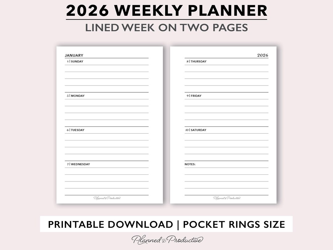 2026 Weekly Planner Insert Printable, Horizontal Lined Weekly Calendar ...