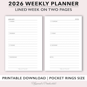2026 Weekly Planner Insert Printable, Horizontal Lined Weekly Calendar Page, 2 Page Pocket Size Planner Template, Pocket Rings Agenda Refill