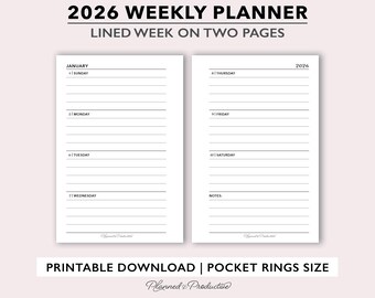 2026 Weekly Planner Insert Printable, Horizontal Lined Weekly Calendar Page, 2 Page Pocket Size Planner Template, Pocket Rings Agenda Refill
