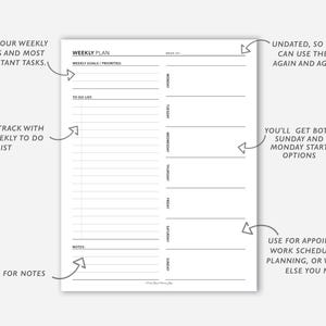 May include: A black and white printable weekly planner with space for weekly goals, to-do lists, and daily tasks. The planner is undated, so it can be used again and again.